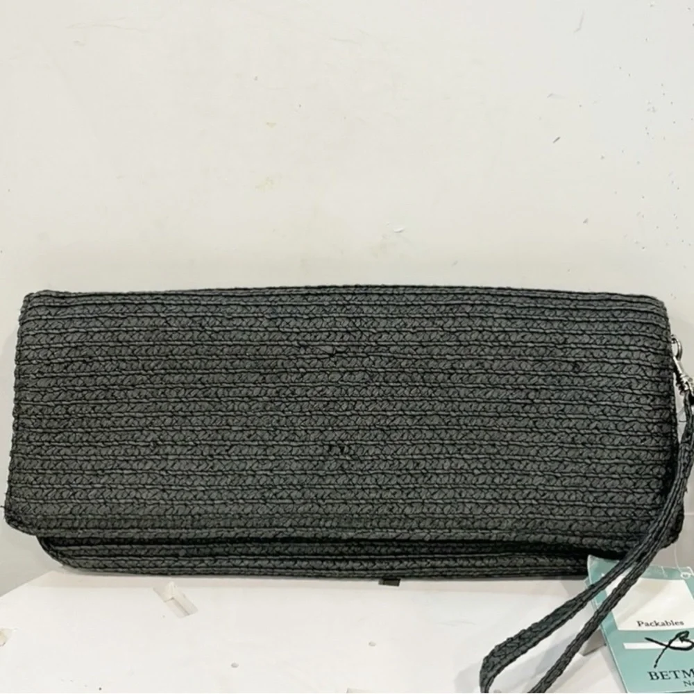 NEW Betmar New York Packable Straw Clutch Black Womens NWT